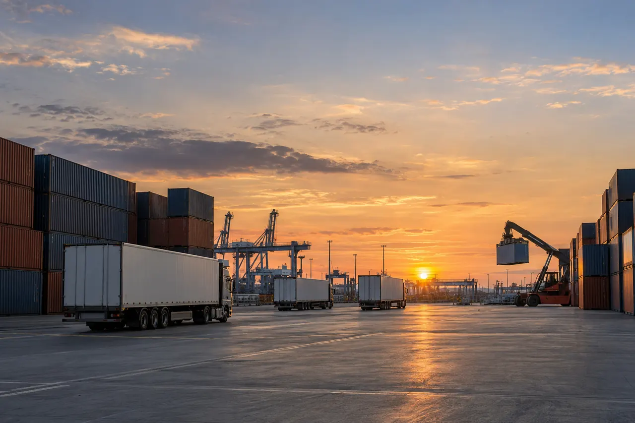 Remolques y contenedores a la espera de carga en una terminal al caer la tarde.