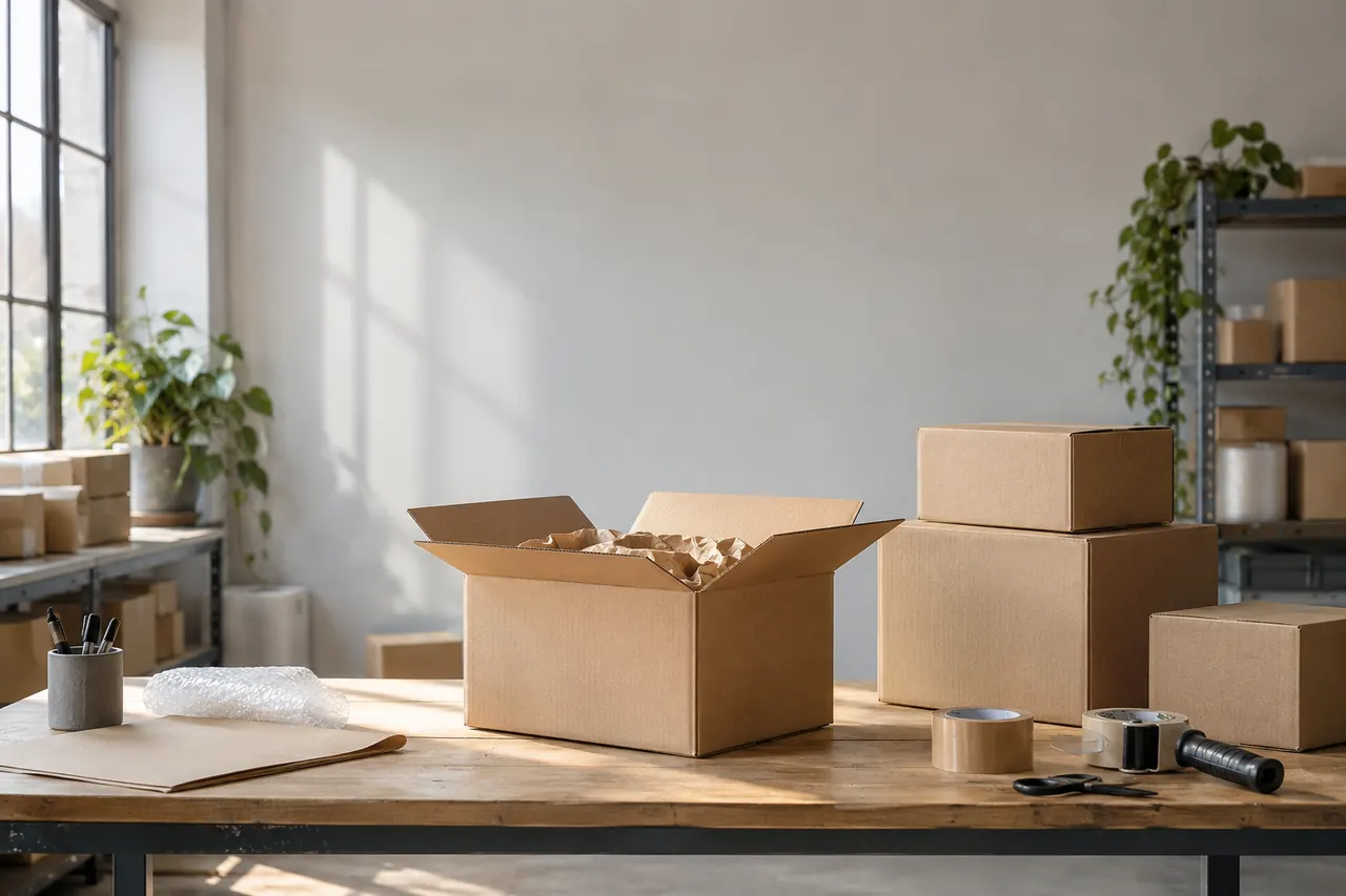 Cajas cerradas con cinta sobre la mesa de embalaje, listas para la recogida.