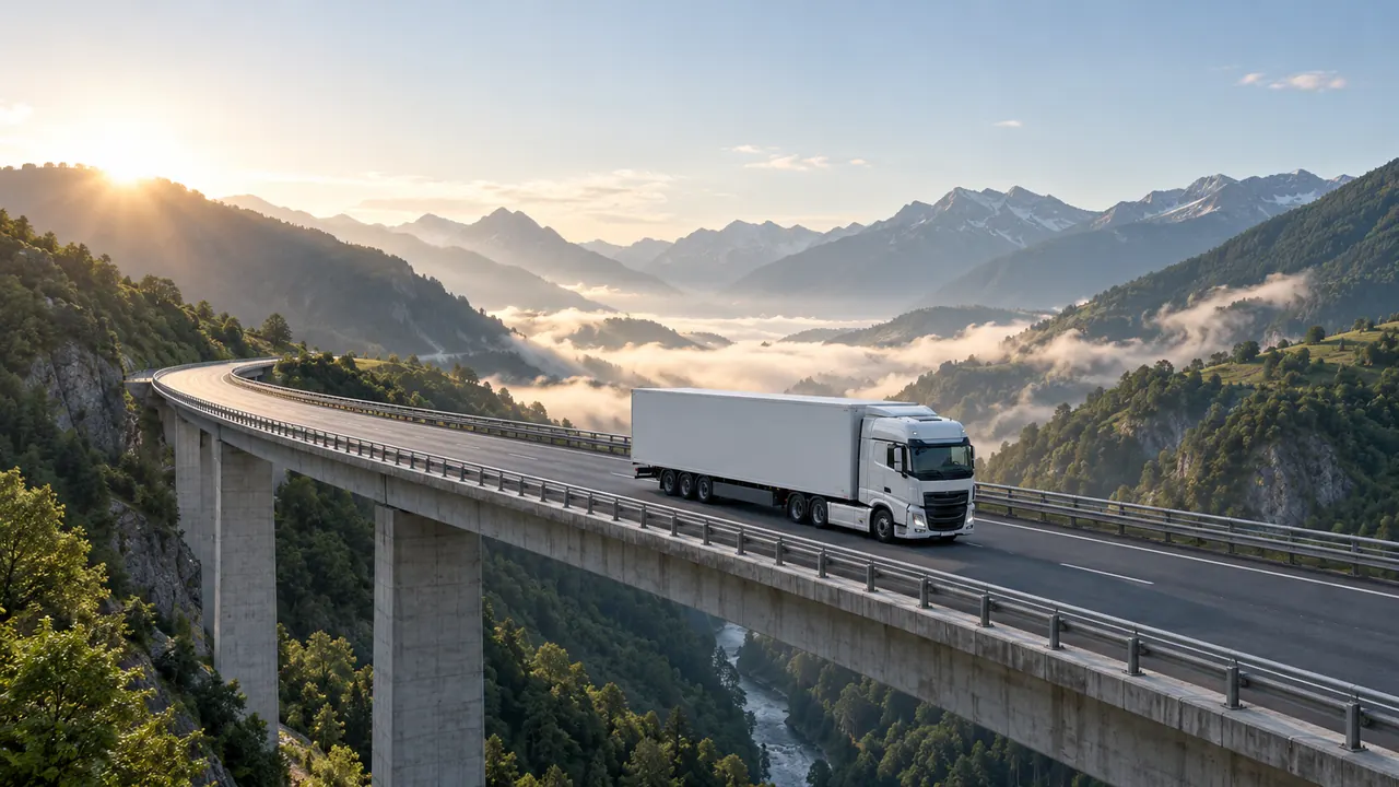 Un camión articulado sin rótulos cruza un viaducto entre montañas verdes con niebla baja.